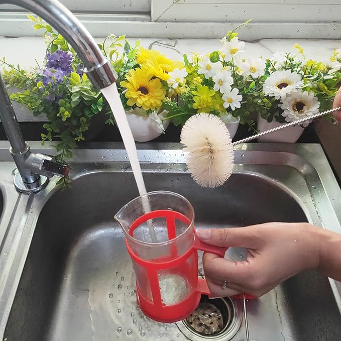 NewFerU Stainless Steel Soda Bottle Cleaning Brush Set in Natural Boar Bristle Wool Tip Long Handle, Flexible Bendable Thick Wire Cleaner for Narrow Neck Water Baby Bottles Straw Pipe Tube Flask (5)