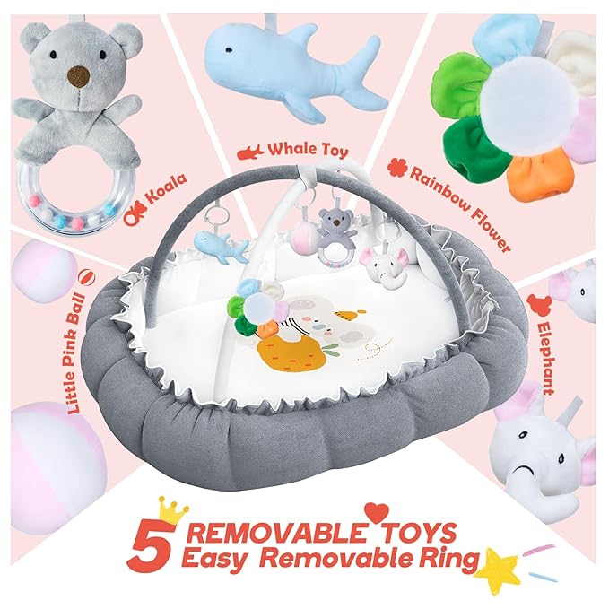 5-in-1 Convertible Baby Play Mat and Tummy Time Mat - Thick & Plush Baby Play Gym with 5 Sensory Toys,Baby Activity Center from Newborn to Toddler, Ball Pit (No Balls Included)，Pet Bed