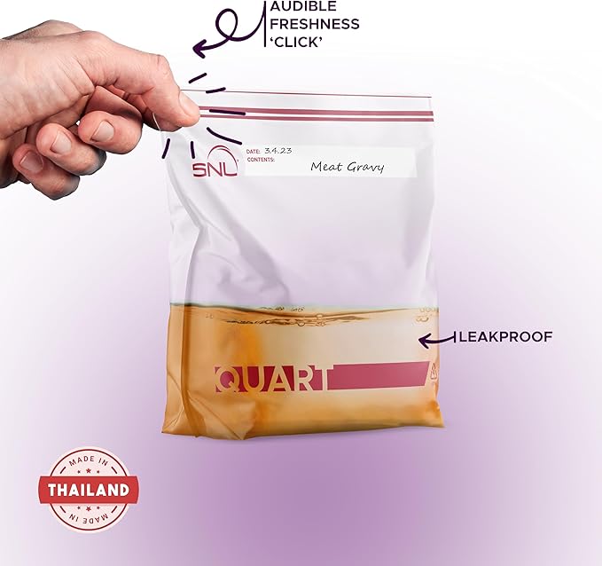 Quart Food Bags by SNL -200 Bags- Leak-Proof, Clear, Write-On Block, Reclosable, Disposable Storage Bags, Double Seal Zippers with Clicking Noise Zip Confirmation, Stand-Alone Gusset, Easy Dispensing