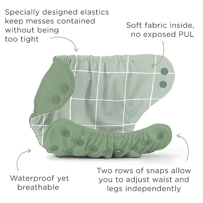 Esembly Cloth Diaper Bundle Set - 3 Organic Cotton Absorbent Inners and 1 Waterproof Outer Diaper Cover - Reusable, Washable, Snap Closure Cloth Diapers - Size 2 (18-35lbs), Aloe