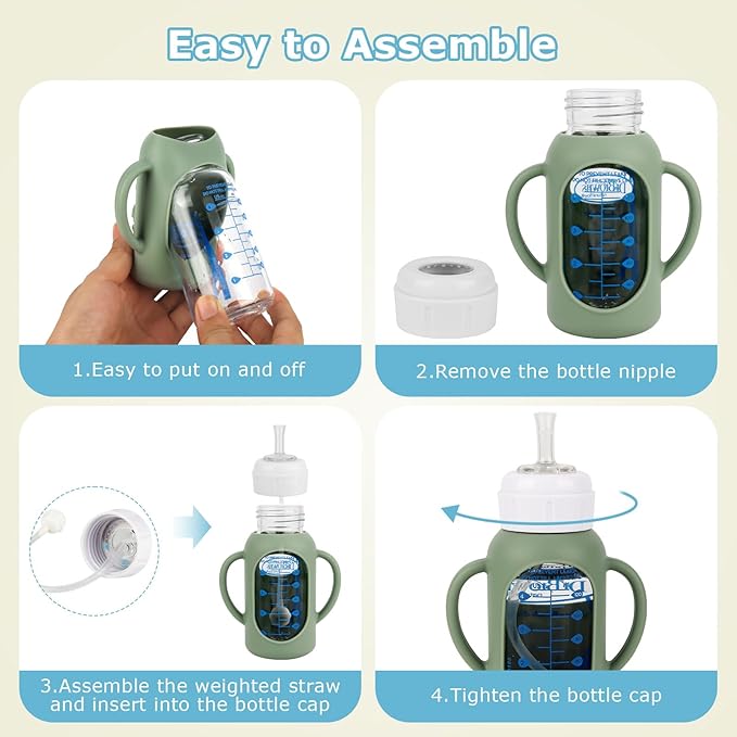 Straw Cup Conversion Kit with Silicone Sleeves for Dr. Brown's Narrow Glass Baby Bottle 4oz,Anti Breakage Baby Bottles Replacement Kit with Handle and Soft Straw Top,6m+,Set of 4
