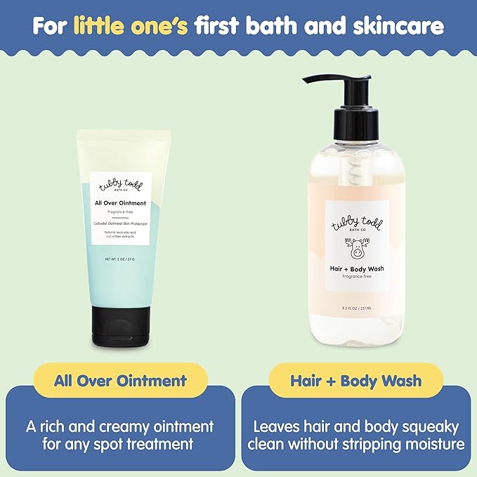 Tubby Todd New Baby & Mom Sensitive Skincare Kit - The Mama + Baby Gift Set - Baby Shampoo and Body Wash 8.5 Oz, All Over Ointment 2 Oz, Belly Oil 2 Fl Oz & Nipple Balm 1.9 Oz - Fragrance-Free