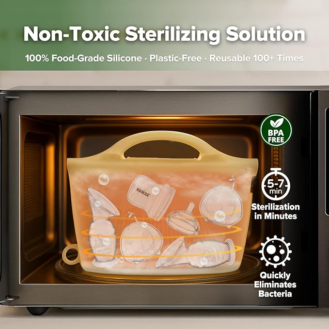 Haakaa Silicone Microwave Steamer & Steriliser Bag,70oz/2000ml Large Capacity Reusable Steaming Bags for Baby Bottles,Breast Pump/Accessories/Pacifiers/Teethers,Great for Home&On-The-Go,Pineapple/2PCS