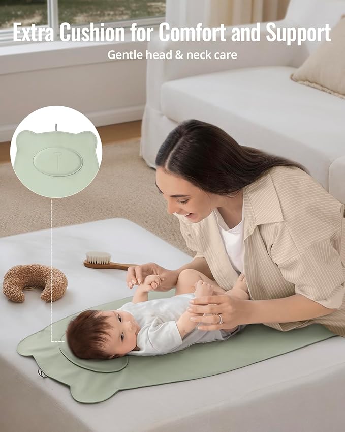 Blissful Diary Vegan Leather Portable Changing Pad, Wipeable, Waterproof Diaper Changing Mat, Newborn Shower Gifts, with Built-in Padding, Light Green