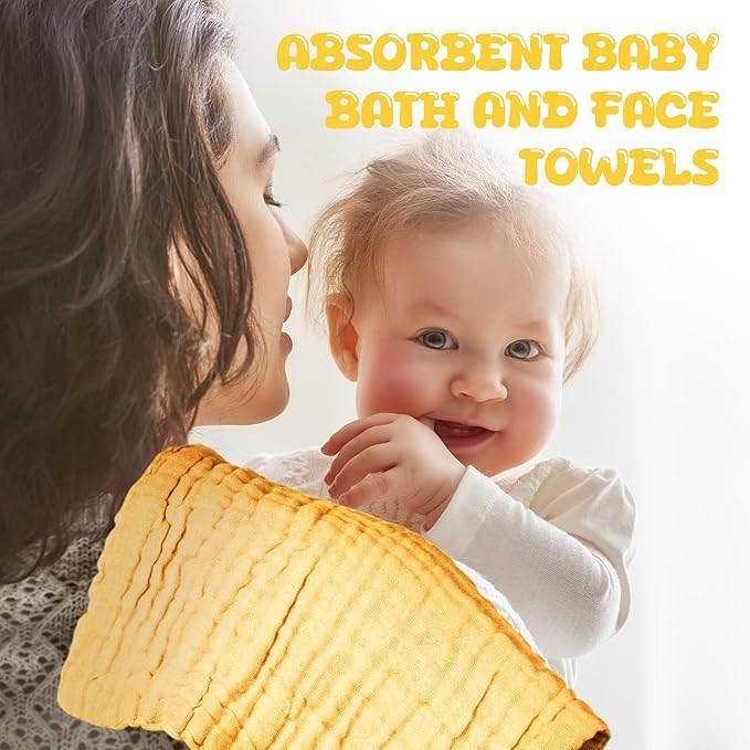 Breling 20 Pcs Baby Muslin Washcloth 12 x 12 Inch 100% Cotton Soft and Absorbent Muslin Washcloth Burp Cloth Wipe Newborn Face Towel for Baby Boy Girl Sensitive Skin(White, Light Yellow, Yellow)