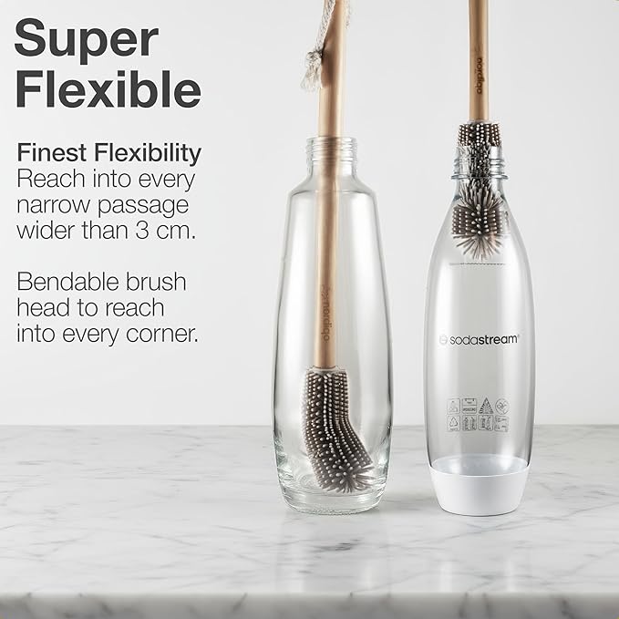 Extra Long Bottle Brush – 16" Bamboo Handle & Flexible Hygienic Silicone Head – Compatible with Sodastream (Not Aqua Fizz), Aarke Plastic Bottles, Vases, Tumblers | BPA Free | Scratch-Free