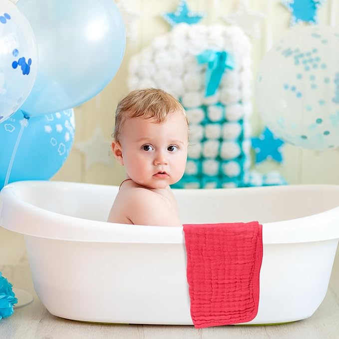 VitalCozy 6 Pcs Baby Muslin Hooded Bath Towels and Washcloths Muslin Cotton Hooded Baby Towels Absorbent Blankets for Gift Newborn Infant Shower (35 x 35 Inch,Cherry Red,Coral)