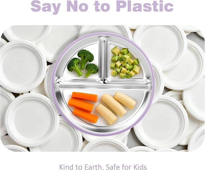 Stainless Steel Baby Plate with Suction, 9” Divided Toddler Plates with Removable Silicone Sleeves for Kids, Non-Toxic Non-Slip Unbreakable Dishwasher Safe Dinnerware Set of 2, Pink & Lilac