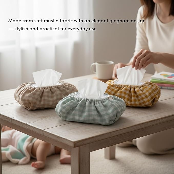 Baby Wipes Cover – Universal Size, One Size Fits All Wipes Packages | Muslin Cotton Tissue Cover for Nursery, Diaper Bag & Changing Table, Station | Gingham & Neutral Patterns (3-Gingham Mint)