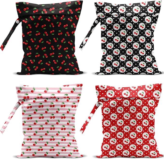 4 Pack Cute Line Circle Cherry Wet Bag Waterproof Washable Reusable Wet Dry Bag for Swimsuit Bathing Dirty Clothes Cloth Diaper Travel Beach Pool Yoga Gym Toiletries Travel Beach Essentials