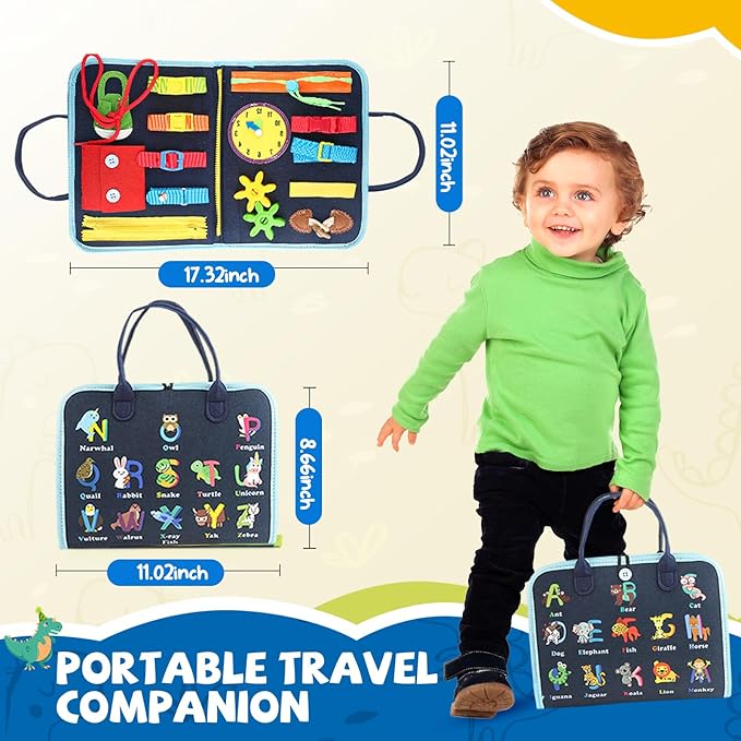 Toddler Busy Board, Montessori Sensory Toys for Boys, 1-4 Year Old Girl Toddler Travel Toys, Educational Learning Activities Board for Motor Skills, Birthday Gifts for Airplane Car, Blue Dinosaur