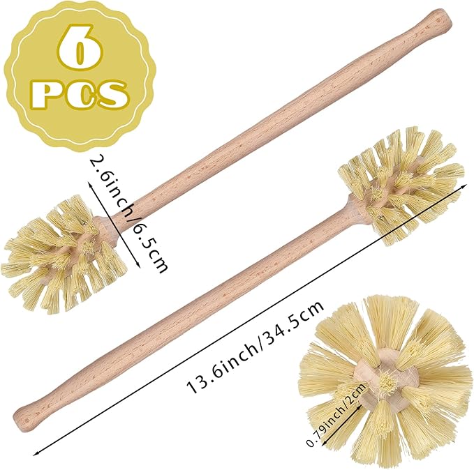 Gejoy 6 Pcs Natural Wood Dish Scrub Brush with Long Beechwood Handle Bristles for Cleaning Bottles, Mugs, Jars, Glasses, Dishes, Vases, Pitchers, 13.6 x 2.6 Inches