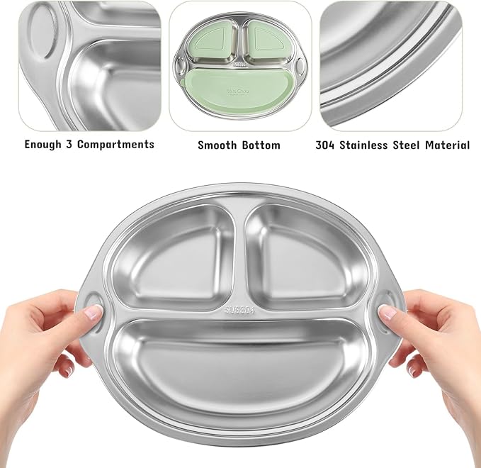 Stainless Steel Baby Suction Plates: Divided Plates for Babies and Toddlers, Made of 100% Food-Grade Materials Ideal for Baby-Led Weaning BPA-Free Toddler Feeding Dishwasher Safe Green