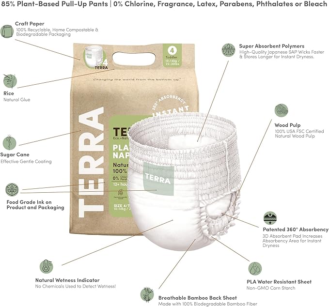 Terra Size 4 Training Pants– 85% Plant Based Pull-Up Style Diapers, Ultra-Soft & Chemical-Free for Sensitive Skin, Superior Absorbency, Perfect Overnight Diapers, for Toddlers 22-30 Pounds, 16 Count
