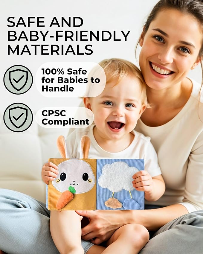 Cute Soft Baby Book with Mirror, Activities, Touch and Feel & Crinkle Pages - Interactive Sensory Cloth Toy for Babies 0-6, 6-12 & 12-18 Months - Adorable Animal Themes for Early Development