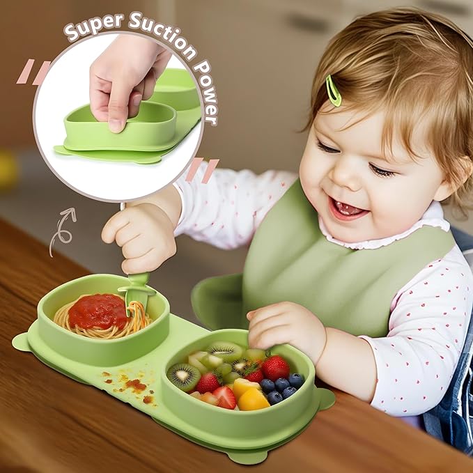 Baby Plates with Suction with Forks and Spoons,Foldable Silicone Toddler Plates,Baby Travel Essential,Microwave & Dishwasher Safe,Green