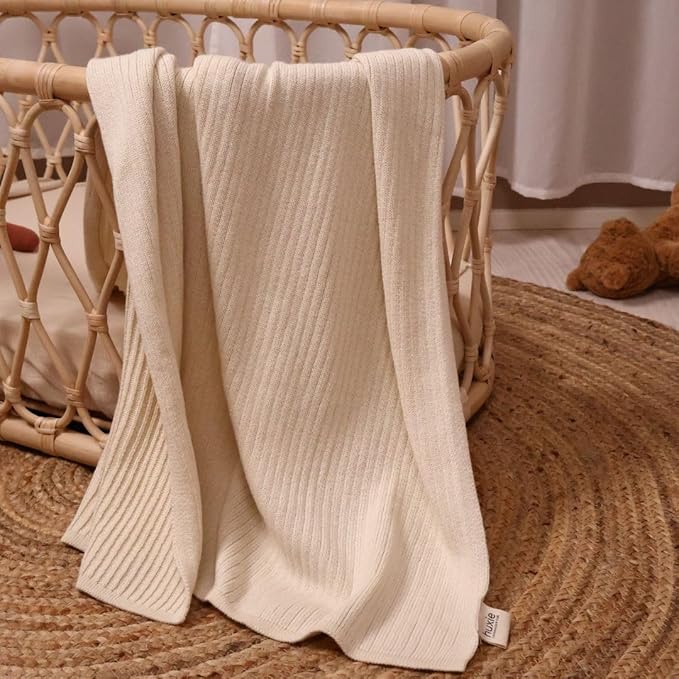 Knitted Organic Cotton Baby Blanket- Swaddle Blanket, 30" x 40" Soft Receiving Blanket for Newborn 2-Pack (Soft White and Blush)