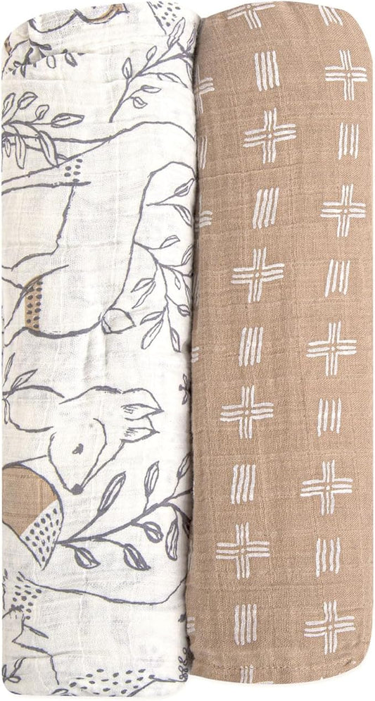 Crane Baby 100% Cotton Muslin Swaddle Blankets, Set of 2, 47" x 47", Boho Woodland Baby, Forest Animals Swaddle, Neutral Baby Items