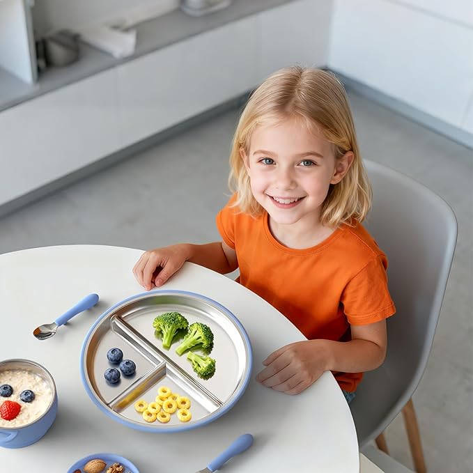 Stainless Steel Suction Plates for Toddlers, 9" Divided Kids Baby Plates with Removable Silicone Suction, Non Toxic Non Slip Portion Control Snack Dishes 3 Packs, Blue Gray Beige