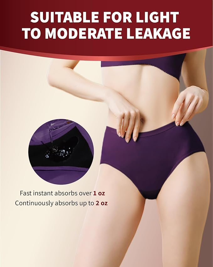 Incontinence Underwear for Women Washable, 2 oz Maximum Abosrbency Panties for Bladder Leak Proof Protection 2 Pack (Berry, L)