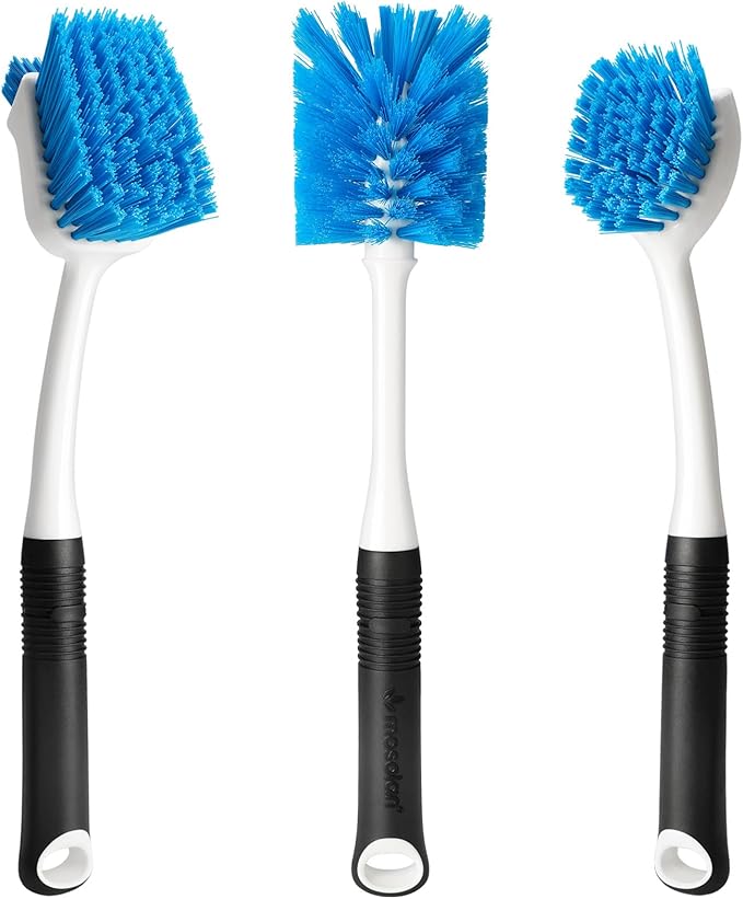 Dish Brush Set of 3 with Water Bottle Brush, Dish Scrub Brush and Scrubber Brush, Long Handle Kitchen Scrub Brushes for Dishes, Bottles, Cups, Pots, Pans and Sinks, Flat Head