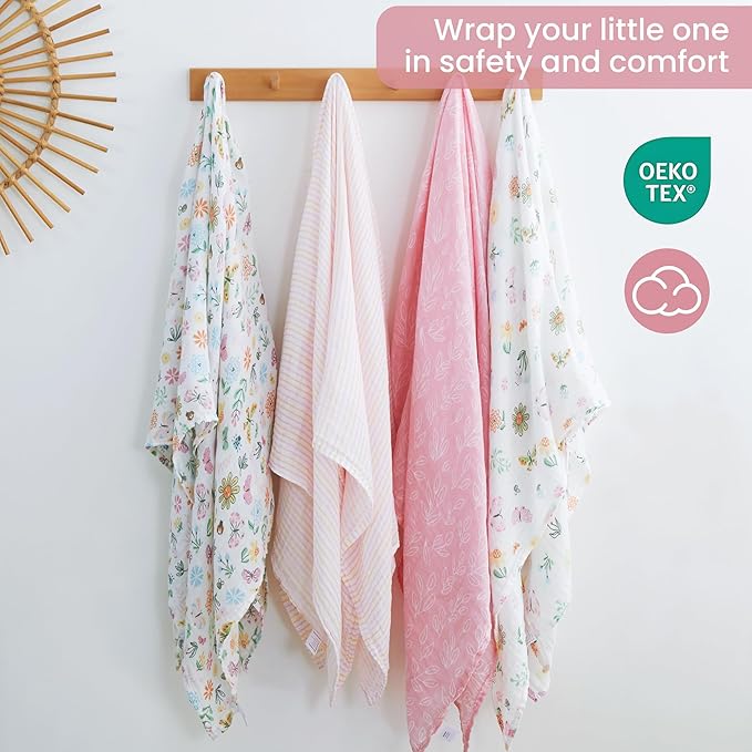 Softan Swaddle Blankets for Baby Girls & Boys Gift, Large 47X47 inches Receiving Blankets for Newborn,4 Pack Flowers and Butterflies