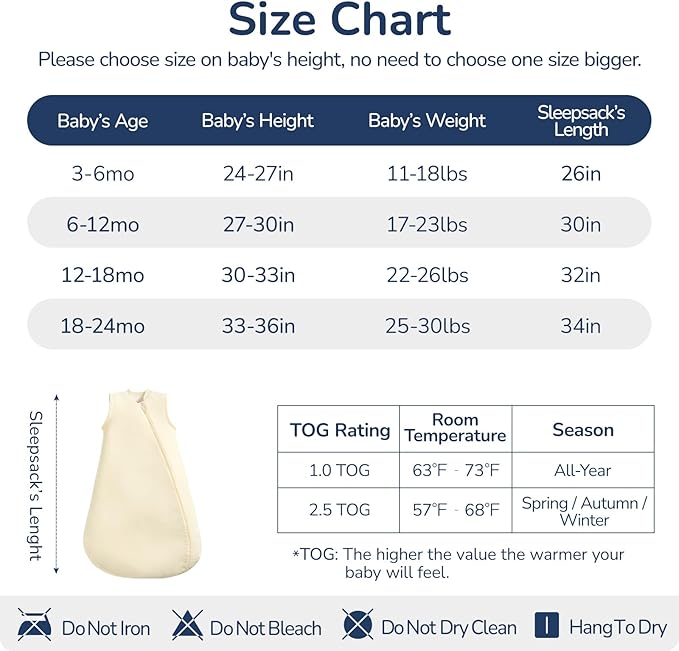 1.0 Tog 2.5 Tog Baby Sleep Sack, 100% Cotton Baby Sleeping Bag 3-24M, 2-Way Zipper Baby Wearable Blanket