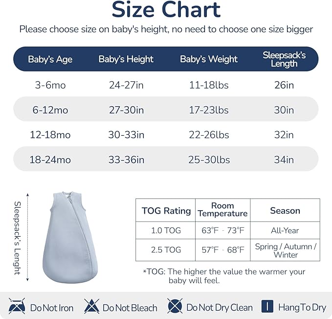 1.0 Tog 2.5 Tog Baby Sleep Sack, 100% Cotton Baby Sleeping Bag 3-24M, 2-Way Zipper Baby Wearable Blanket