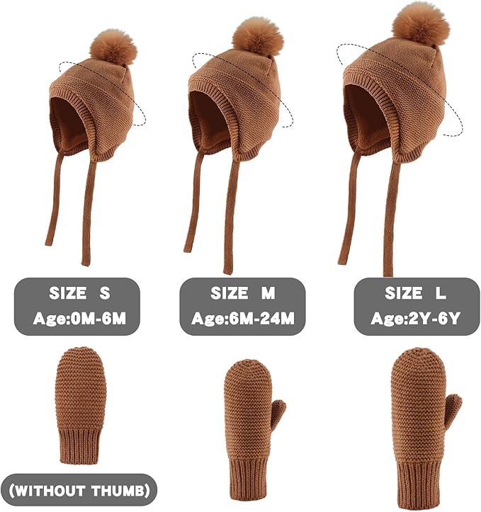 Basic Winter Baby Beanie Gloves Boys Girls Knitted Hat Pompom Kids Earflap Hats Warm Infant Toddler Beanie Mittens Set