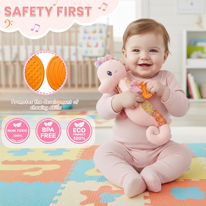 Baby Toys 0-6 Months,Infant Musical Seahorse Stuffed Animals Sensory Toys with Bright Colors,Multiple Textures,Rattles & Crinkle Sound Paper,Soft Tummy Time Toy for Newborn Boys Girls 0-12 Months-Pink