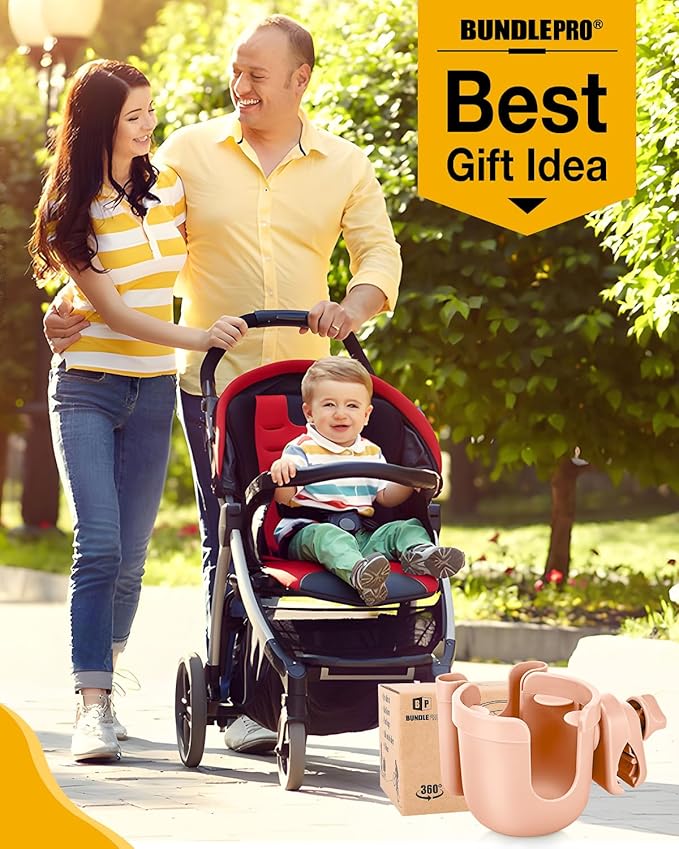 Universal Stroller Cup Holder with Mobile Phone Case, 2-in-1 Strollers Storage Rack, 360 Degrees Rotation Drink Holder for Bike, Pushchair, Wheelchair, Walker,Bicycle, Fits Most Cups (Pink)