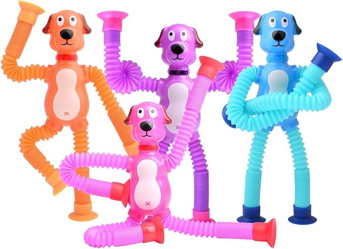 4Pcs Telescopic Suction Cup Puppy Toys,Sensory Toys for Kids 3-5 5-7,Toddler Toy,Fidget Toy,Toddler Travel Essential for Airplane,Pop Tubes, Christmas Stocking for Kids Boys Girls J