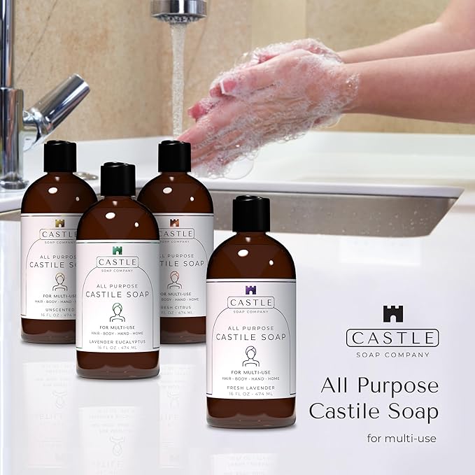 Castle Soap All-Purpose Castile Soap | Multi-Use Gentle Cleanser for Hair, Body, Hands, & Home | Nourishing Coconut Oil Formula | Sensitive Skin Friendly | Hydrating | 16 oz | Fresh Lavender