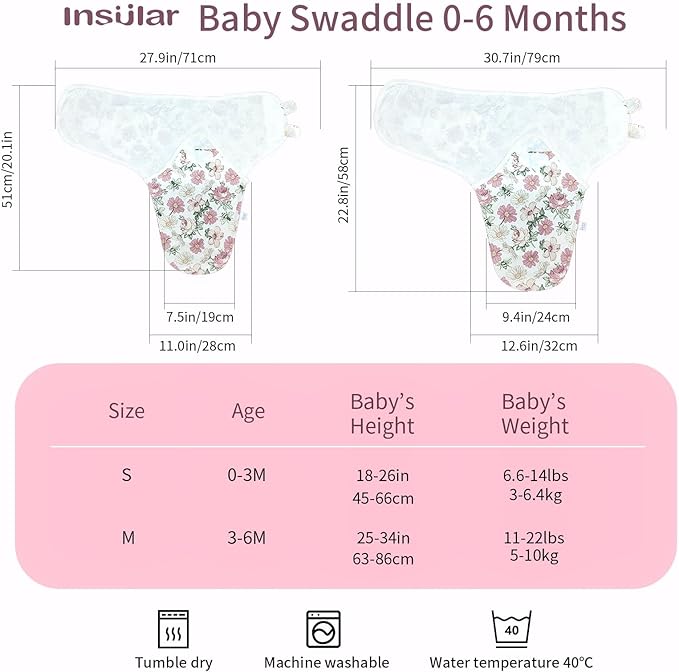 insular Baby Swaddle Wrap, Swaddle Blanket for Newborn and Infant, Adjustable Velcro Swaddling Set for Boy and Girl, Soft Cotton Baby Sleep Sack 3 Pack, Floral, Medium(3-6M)