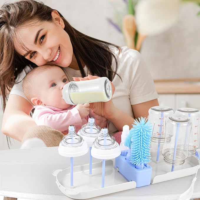 Portable Baby Bottle Brush Set, 7-in-1 Travel Baby Bottle Cleaning Kit, Portable Bottle Washing Kit with Silicone Bottle Brush, Nipple Brush, Straw Brush, Drying Rack for Home and Travel (Blue)