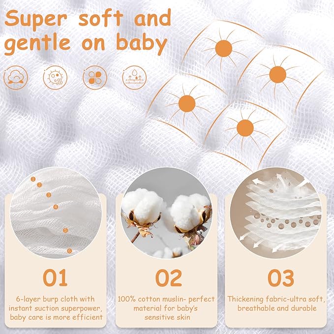 Looxii Muslin Burp Cloths Baby Girl 6 Pack - 20" x 10" - Ultra Soft & Absorbent, 6-Layer 100% Cotton for Spit Up & Drool- Gentle Baby Burping Cloth, Newborn Essentials Shower Gift Girl, White