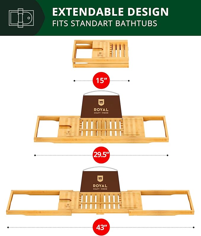 ROYAL CRAFT WOOD Premium Foldable Bathtub Tray Caddy - Wood Bath Tray for Tub, Bamboo Shelf, Expandable Bath Table Trays, Bathtub & Bathroom Accessories for New Home & Mothers, Birthday Gifts for Mom