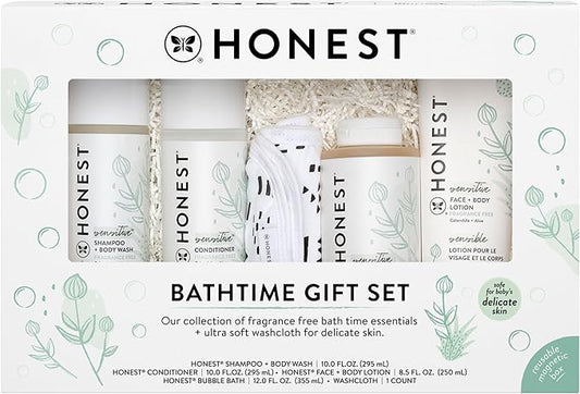The Honest Company Fragrance-Free Bathtime Gift Set, Hypoallergenic, Bath Essentials for Sensitive Skin, Shampoo and Body Wash, Face Lotion, Bubble Bath, Conditioner, Wash Cloth