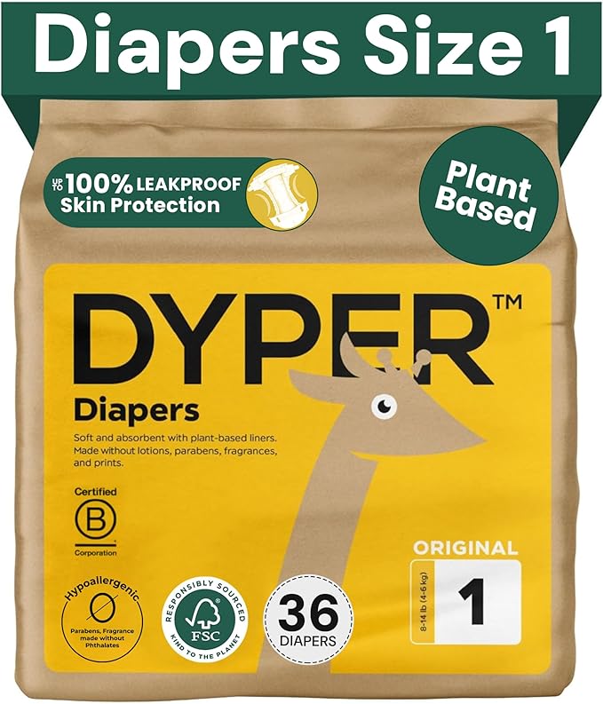 DYPER - Baby Diapers Hypoallergenic Cloth Alternative Day & Overnight Protection (36 Count)- Made with Plant-Based* & Skin-Friendly Ingredients - Size 1 (8-14 lb)
