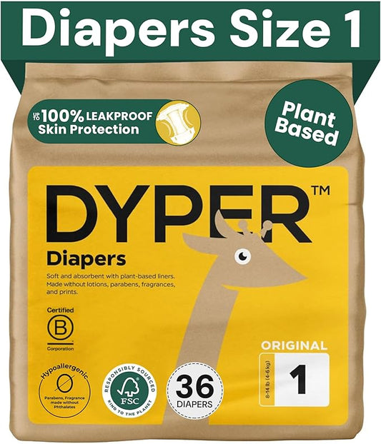 DYPER - Baby Diapers Hypoallergenic Cloth Alternative Day & Overnight Protection (36 Count)- Made with Plant-Based* & Skin-Friendly Ingredients - Size 1 (8-14 lb)