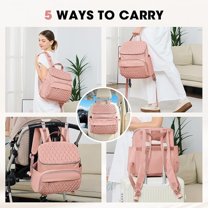 Diaper Bag Backpack, Large Baby Bag for Girl Boy, Travel Diaper Backpack with Insulated Pocket, Cute Diaper Bag Stroller Straps, Baby Shower & Registry Gift for Mom Dad Pink
