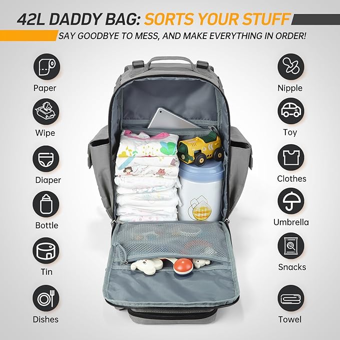 SHARKMOUTH Baby Diaper Bag for Dad - Large Military Daddy Gear Backpack with Changing Pad for Travel Camping Hiking - Newborn Baby Shower Gifts Gray