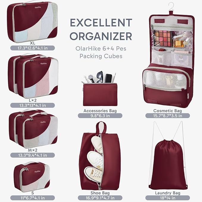 ALL INCLUDED 10 Set Sturdy Packing Cubes for Suitcases,OlarHike Travel Essentials,UPGRADED Anti-Tear Stitching, NEW Improved Luggage Packing Organizers for Travel Accessories (Burgundy)