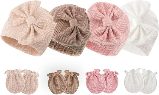 Newborn Baby Hats and Mittens Set Infant Bow Beanie Cap Toddler Gloves Newborn Hospital Hats for Baby Boy Girl 0-6 Months