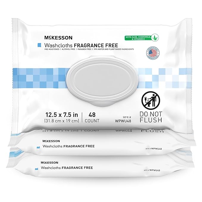 McKesson Washcloth Wipes for Adults, Unscented (3 Pack, 144 Washcloths) Disposable Wash Cloths for Body - Fragrance-Free No-Rinse Formula - Good for Incontinence and Elderly - 48 Wipes Per Pack