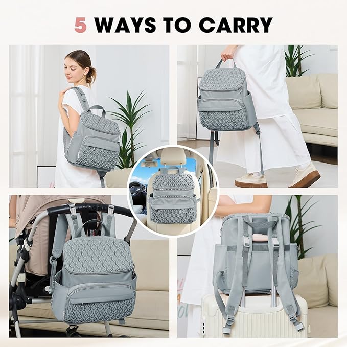 Baby Diaper Bag, Multi-Function Baby Bag for Mom Dad, Diaper Backpack with Changing Pad Stylish Pañaleras para Bebe Stroller Straps, Newborn Baby Essentials Must Haves for Women Grey Green