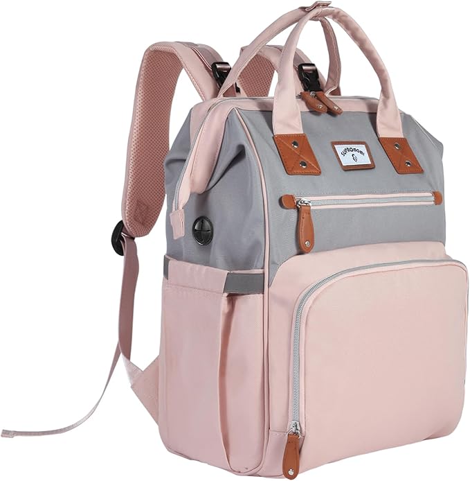 Diaper Bag Backpack: Tote Baby Bag for Boy and Girl, Large Mommy Bag Insulated Pockets Charger Holes for Men and Women, Nappy Bag for Baby Airplane Traveing Pink Gray