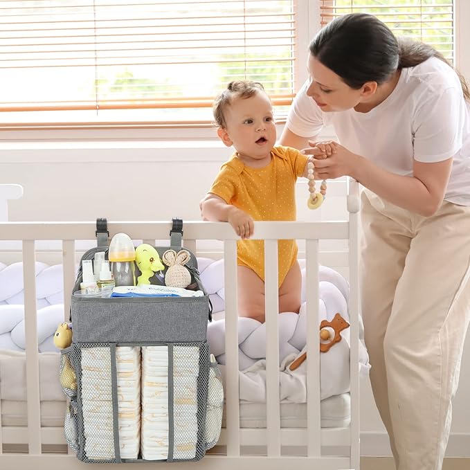 Maliton Changing Table Diaper Organizer - Baby Hanging Diaper Stacker Nursery Caddy Organizer for Cribs Playard Baby Essentials Storage - Hold 52+ Diapers - 18.5" x 10.5" x 8" (Gray)