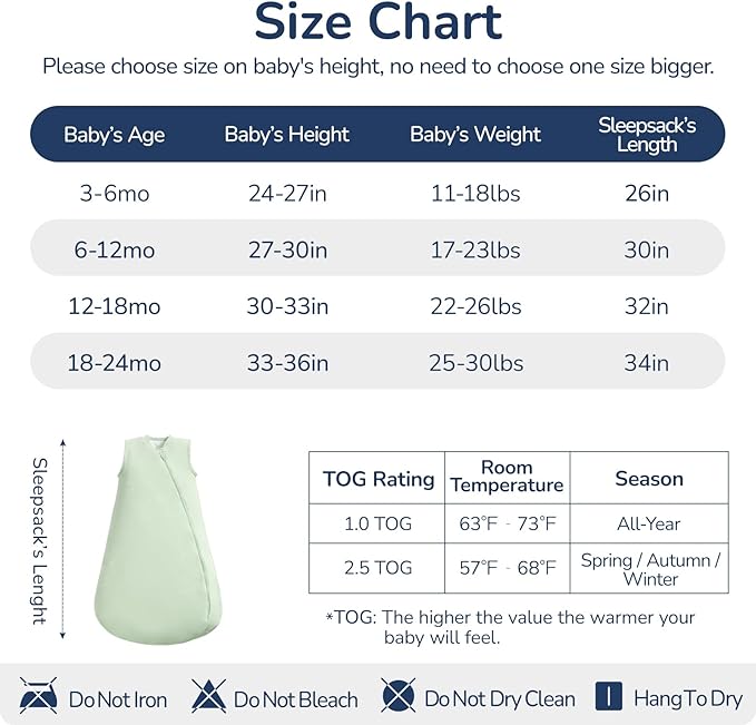 1.0 Tog 2.5 Tog Baby Sleep Sack, 100% Cotton Baby Sleeping Bag 3-24M, 2-Way Zipper Baby Wearable Blanket