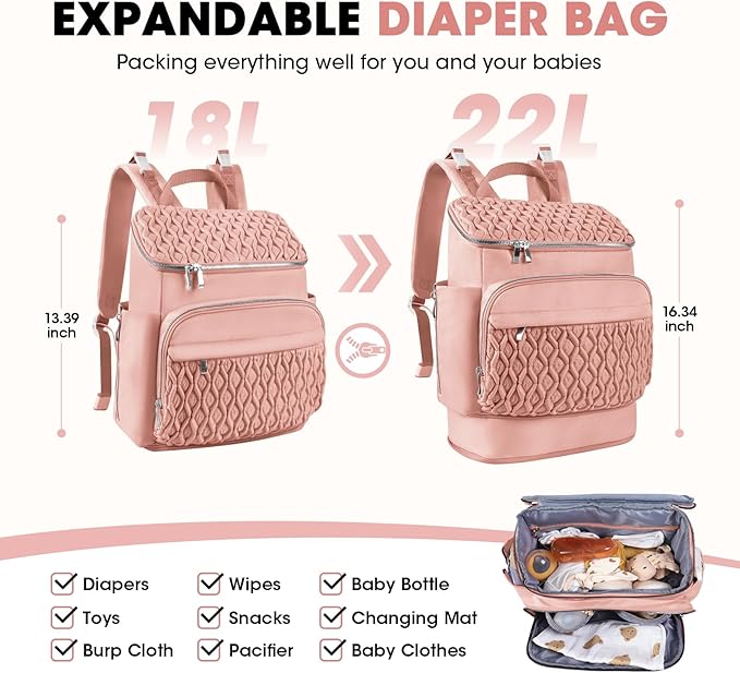 Diaper Bag Backpack, Large Baby Bag for Girl Boy, Travel Diaper Backpack with Insulated Pocket, Cute Diaper Bag Stroller Straps, Baby Shower & Registry Gift for Mom Dad Pink